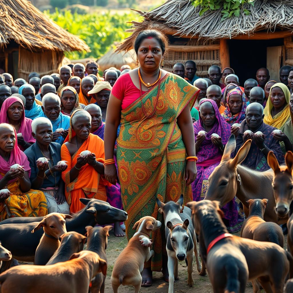 A dusky-skinned Indian lady, age 25, very tall with an expressive curvy figure highlighted by her very large breasts, stands in an African village