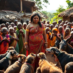 A dusky-skinned Indian lady, age 25, very tall with an expressive curvy figure highlighted by her very large breasts, stands in an African village