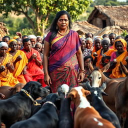 A dusky-skinned Indian lady, age 25, very tall with an expressive curvy figure highlighted by her very large breasts, stands in an African village