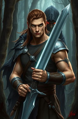 In a mystical forest, a warrior named Aric stands boldly, holding a glowing silver sword with both hands