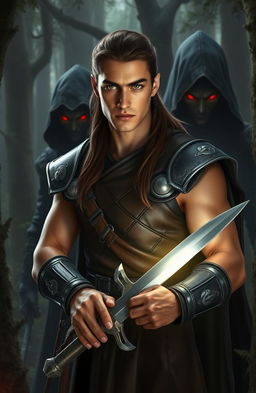 In a mystical forest, a warrior named Aric stands boldly, holding a glowing silver sword with both hands