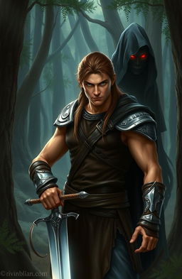 In a mystical forest, a warrior named Aric stands boldly, holding a glowing silver sword with both hands