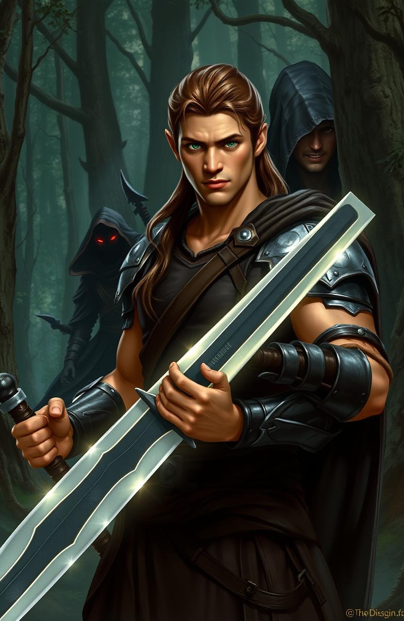 In a mystical forest, a warrior named Aric stands boldly, holding a glowing silver sword with both hands