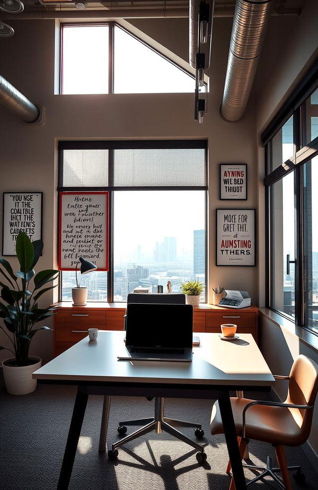 A modern workspace that embodies the spirit of entrepreneurship, featuring a sleek desk with a laptop, motivational quote posters on the walls, a vision board filled with ideas, and a comfortable chair