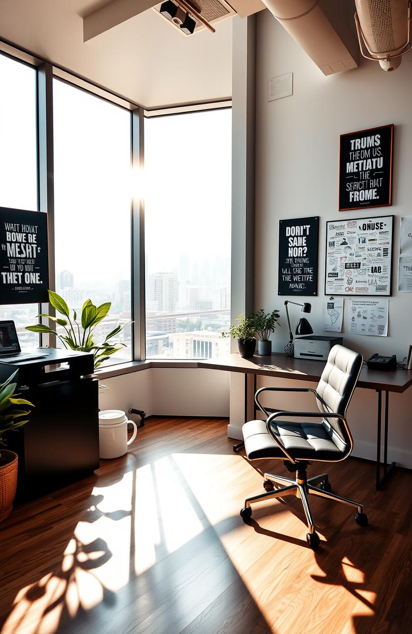 A modern workspace that embodies the spirit of entrepreneurship, featuring a sleek desk with a laptop, motivational quote posters on the walls, a vision board filled with ideas, and a comfortable chair