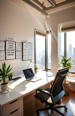 A modern workspace that embodies the spirit of entrepreneurship, featuring a sleek desk with a laptop, motivational quote posters on the walls, a vision board filled with ideas, and a comfortable chair