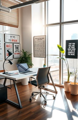 A modern workspace that embodies the spirit of entrepreneurship, featuring a sleek desk with a laptop, motivational quote posters on the walls, a vision board filled with ideas, and a comfortable chair