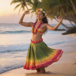 A graceful hula dancer, wearing a vibrant traditional costume, gently swaying on a Hawaiian beach at sunset, with palm trees swaying in the background.