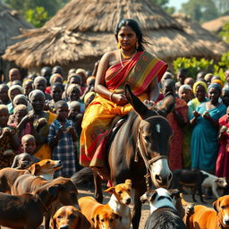 A dusky-skinned Indian lady, age 25, very tall with a curvy silhouette highlighted by her very large breasts, is riding a donkey in an African village