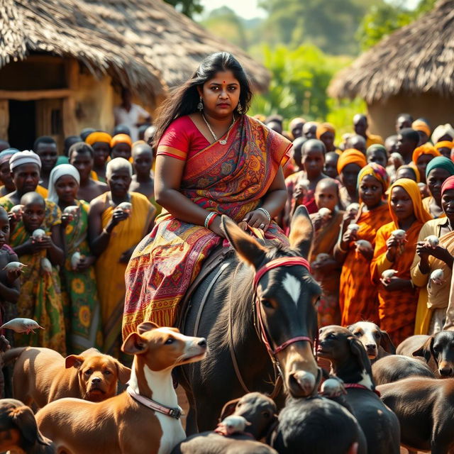 A dusky-skinned Indian lady, age 25, very tall with a curvy silhouette highlighted by her very large breasts, is riding a donkey in an African village