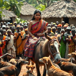 A dusky-skinned Indian lady, age 25, very tall with a curvy silhouette highlighted by her very large breasts, is riding a donkey in an African village