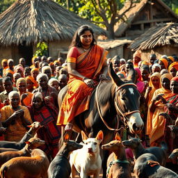 A dusky-skinned Indian lady, age 25, very tall with a curvy silhouette highlighted by her very large breasts, is riding a donkey in an African village