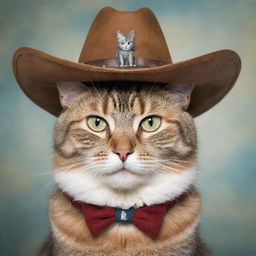 A whimsical cat with a cowboy hat on its head