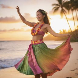 A graceful hula dancer, wearing a vibrant traditional costume, gently swaying on a Hawaiian beach at sunset, with palm trees swaying in the background.