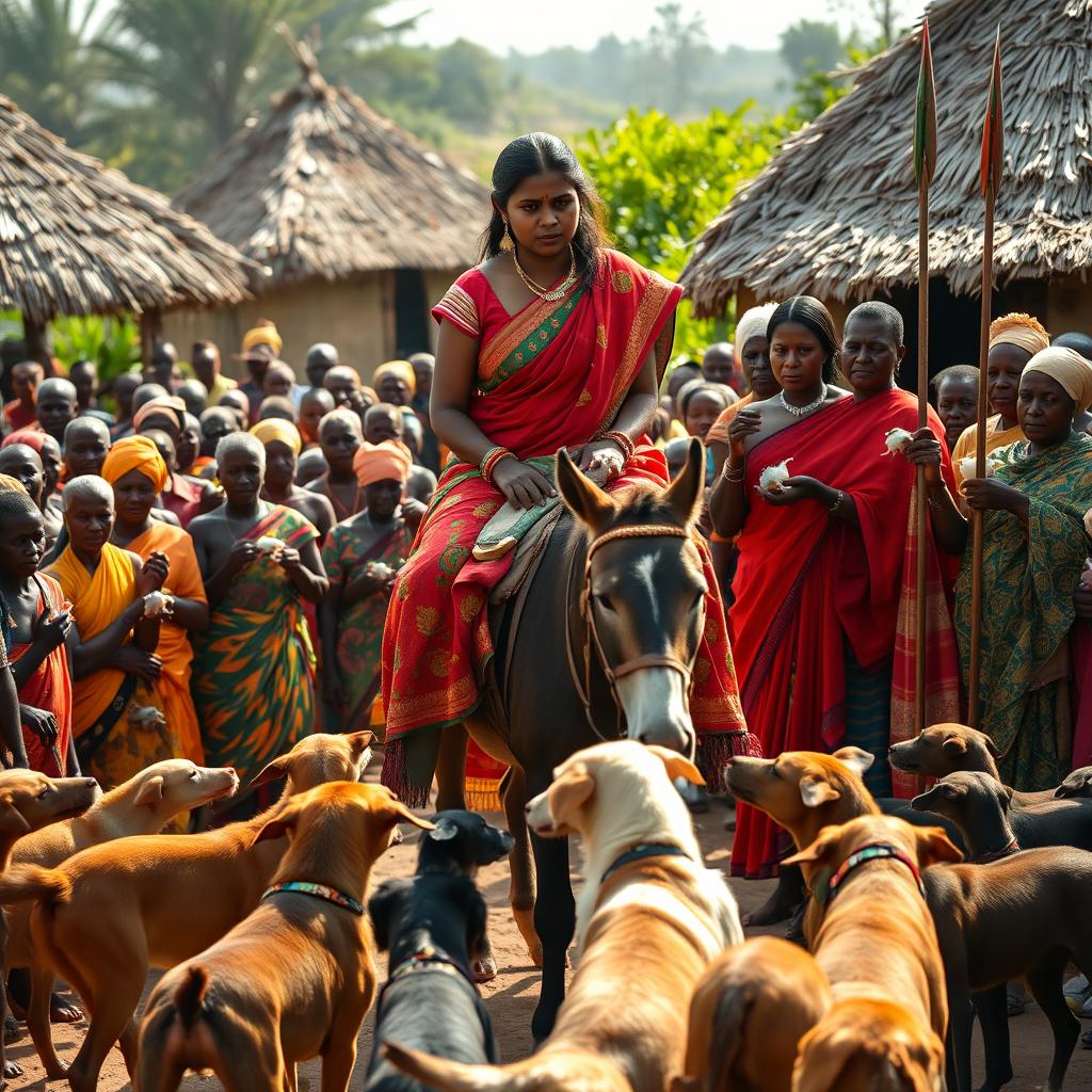 A dusky-skinned Indian lady, age 25, very tall with a curvy figure emphasized by her very large breasts, is riding a donkey in an African village