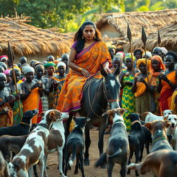 A dusky-skinned Indian lady, age 25, very tall with a curvy figure emphasized by her very large breasts, is riding a donkey in an African village