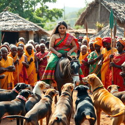 A dusky-skinned Indian lady, age 25, very tall with a curvy figure emphasized by her very large breasts, is riding a donkey in an African village