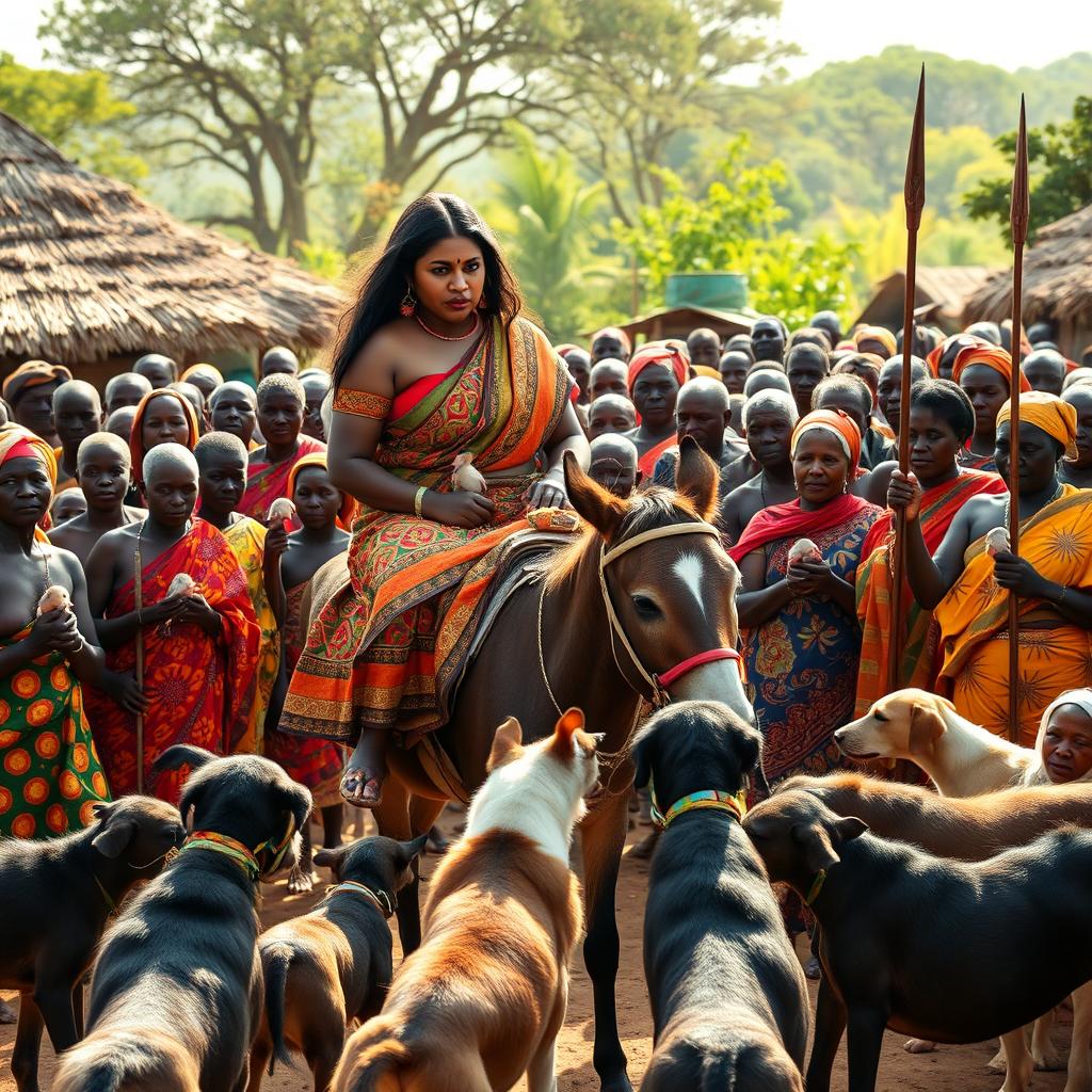 A dusky-skinned Indian lady, age 25, very tall with a curvy figure emphasized by her very large breasts, is riding a donkey in an African village