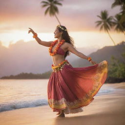 A graceful hula dancer, wearing a vibrant traditional costume, gently swaying on a Hawaiian beach at sunset, with palm trees swaying in the background.