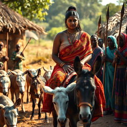 A dusky-skinned Indian lady, aged 25, very tall with a curvy figure accentuated by her very large breasts, is riding an old donkey in an African village