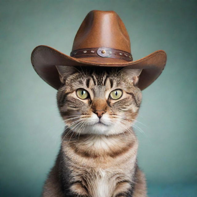 A whimsical cat with a cowboy hat on its head