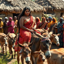 A dusky-skinned Indian lady, aged 25, very tall with a curvy figure accentuated by her very large breasts, is riding an old donkey in an African village