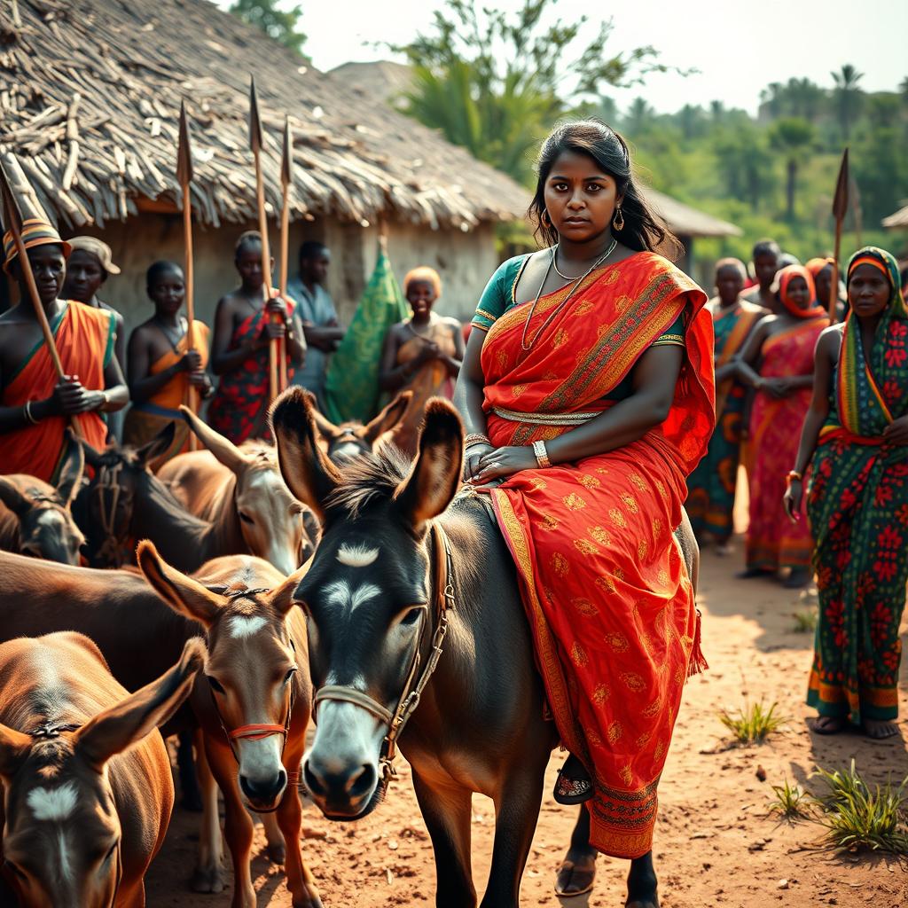 A dusky-skinned Indian lady, aged 25, very tall with a curvy figure accentuated by her very large breasts, is riding an old donkey in an African village