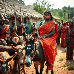 A dusky-skinned Indian lady, aged 25, very tall with a curvy figure accentuated by her very large breasts, is riding an old donkey in an African village