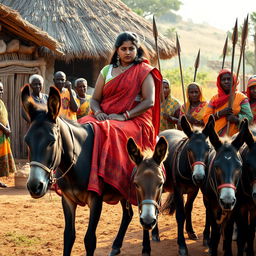 A dusky-skinned Indian lady, aged 25, very tall with a curvy figure accentuated by her very large breasts, is riding an old donkey in an African village