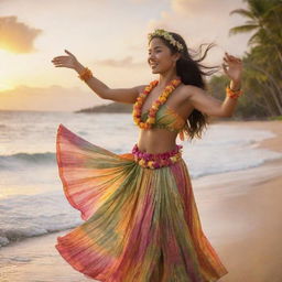 A graceful hula dancer, wearing a vibrant traditional costume, gently swaying on a Hawaiian beach at sunset, with palm trees swaying in the background.