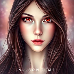 A striking book cover design featuring a beautiful girl with captivating red eyes that exude mystery and allure