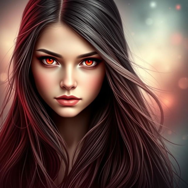 A striking book cover design featuring a beautiful girl with captivating red eyes that exude mystery and allure