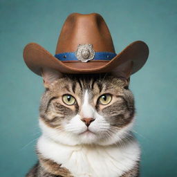 A whimsical cat with a cowboy hat on its head