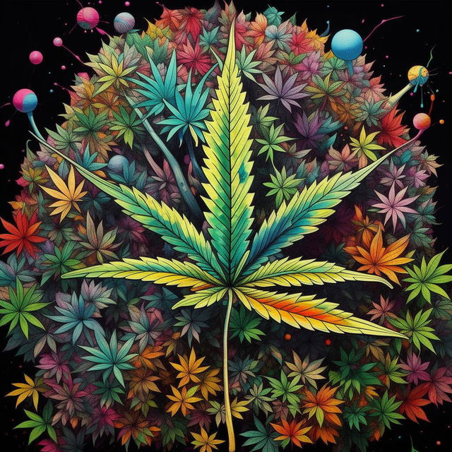 A painting in the vibrant, hallucinatory style of renowned artist Takashi Murakami, with the primary focus being a detailed, exquisitely rendered marijuana leaf.