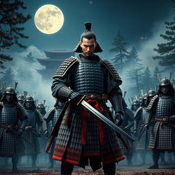 A dynamic scene depicting the legendary 47 Ronin, a group of samurai in traditional Japanese armor, standing resolute under the moonlight