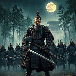 A dynamic scene depicting the legendary 47 Ronin, a group of samurai in traditional Japanese armor, standing resolute under the moonlight