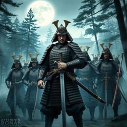 A dynamic scene depicting the legendary 47 Ronin, a group of samurai in traditional Japanese armor, standing resolute under the moonlight