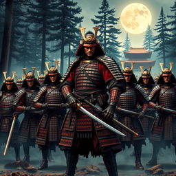 A dynamic scene depicting the legendary 47 Ronin, a group of samurai in traditional Japanese armor, standing resolute under the moonlight