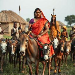 A dusky-skinned Indian lady, aged 25, very tall with a curvy figure adorned with very large breasts, is riding an old donkey in an African village