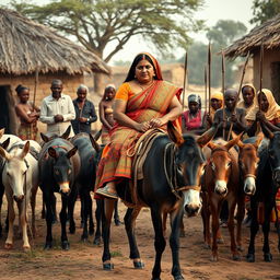 A dusky-skinned Indian lady, aged 25, very tall with a curvy figure adorned with very large breasts, is riding an old donkey in an African village