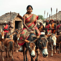 A dusky-skinned Indian lady, aged 25, very tall with a curvy figure adorned with very large breasts, is riding an old donkey in an African village