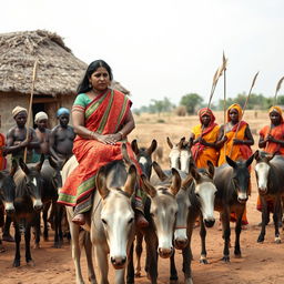 A dusky-skinned Indian lady, aged 25, very tall with a curvy figure adorned with very large breasts, is riding an old donkey in an African village