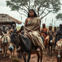 A dusky-skinned Indian lady, aged 25, very tall with a curvy figure accentuated by her very large breasts, is riding an old donkey in a muted African village setting