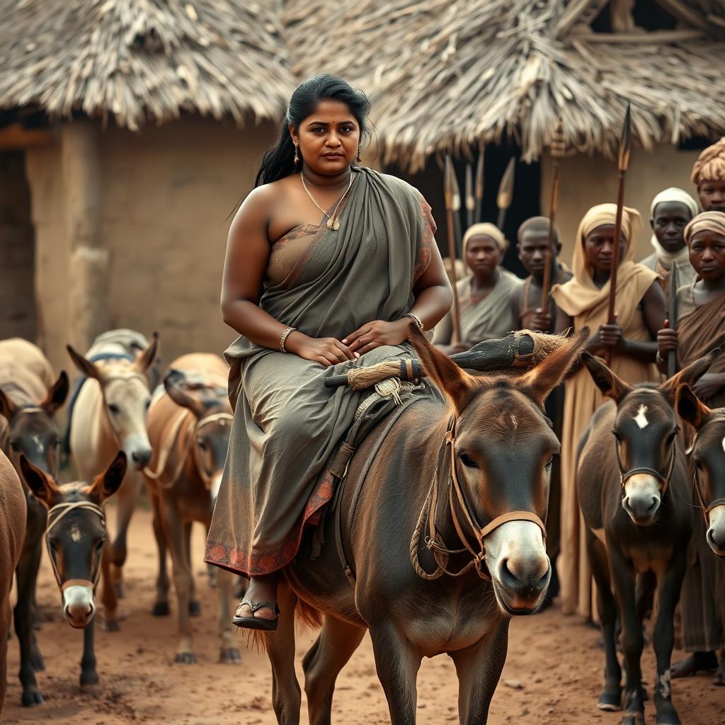 A dusky-skinned Indian lady, aged 25, very tall with a curvy figure accentuated by her very large breasts, is riding an old donkey in a muted African village setting