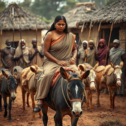 A dusky-skinned Indian lady, aged 25, very tall with a curvy figure accentuated by her very large breasts, is riding an old donkey in a muted African village setting