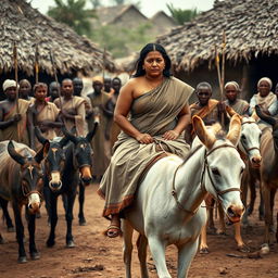 A dusky-skinned Indian lady, aged 25, very tall with a curvy figure accentuated by her very large breasts, is riding an old donkey in a muted African village setting