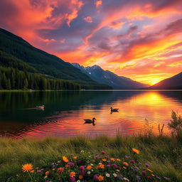 A stunning landscape scenery featuring a vibrant sunset over a tranquil lake, surrounded by lush green forests and majestic mountains