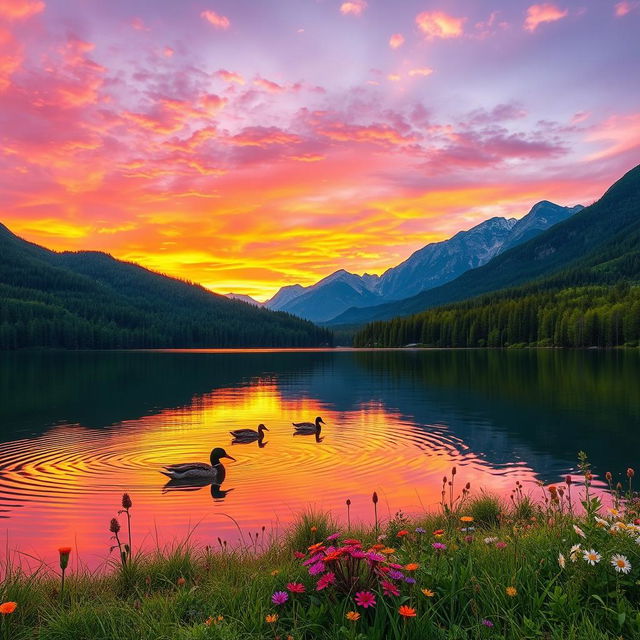 A stunning landscape scenery featuring a vibrant sunset over a tranquil lake, surrounded by lush green forests and majestic mountains