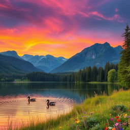 A stunning landscape scenery featuring a vibrant sunset over a tranquil lake, surrounded by lush green forests and majestic mountains