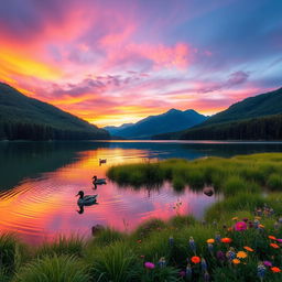 A stunning landscape scenery featuring a vibrant sunset over a tranquil lake, surrounded by lush green forests and majestic mountains